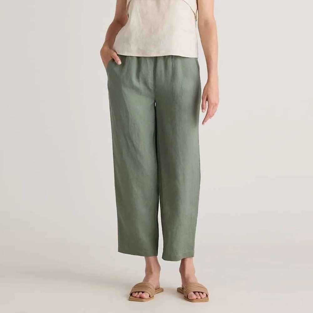 Quince 100% European Linen Pants S Light Sage Green Straight Leg Elastic Waist